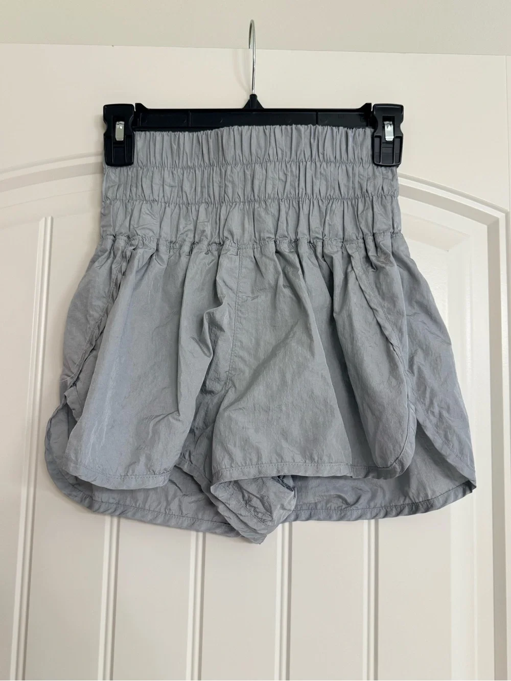 Free People Movement “The Way Home” High-Waist Smocked Shorts in Light Gray